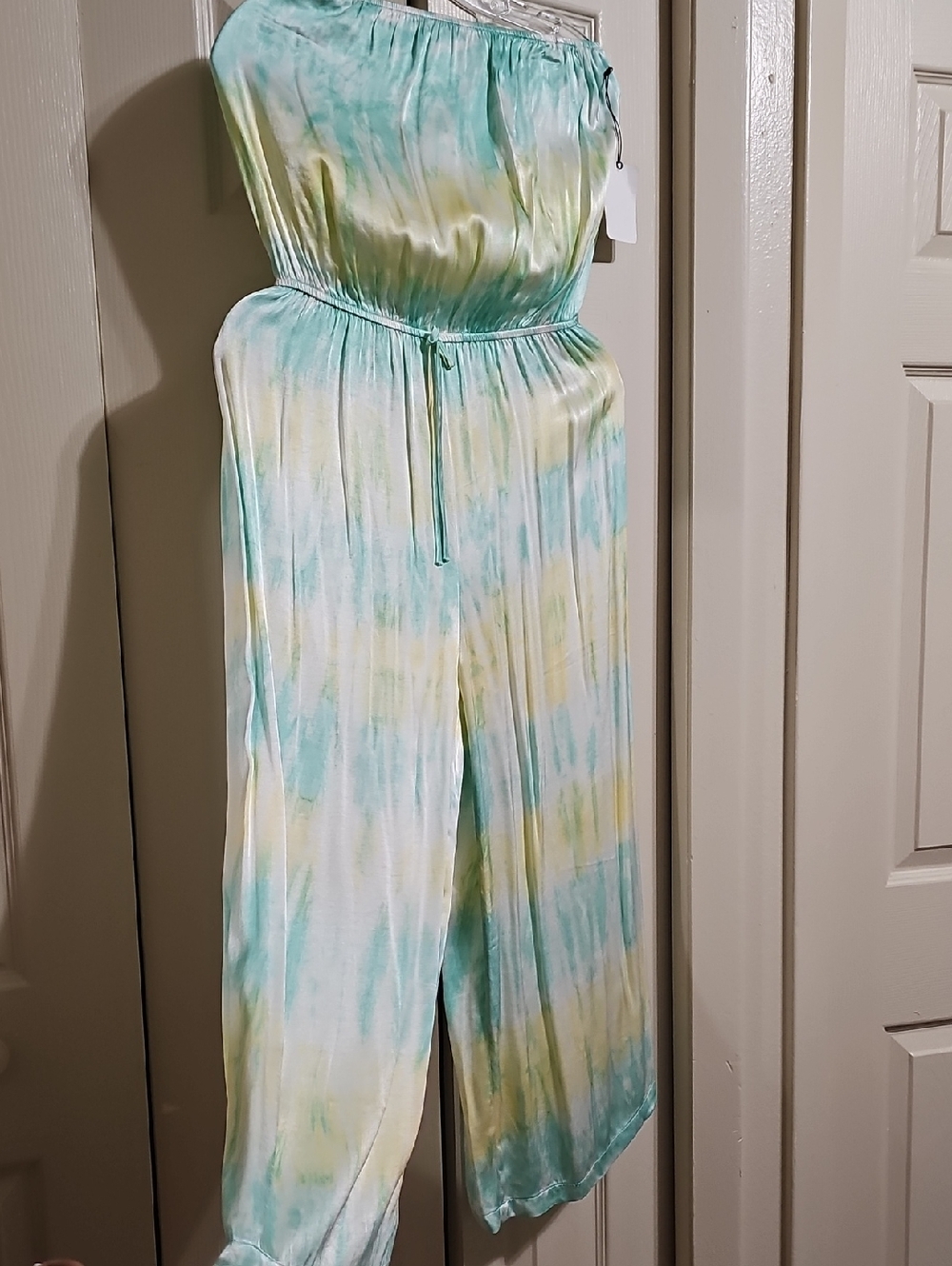 Strapless Tie-Dye Jumpsuit in Aqua & Yellow
